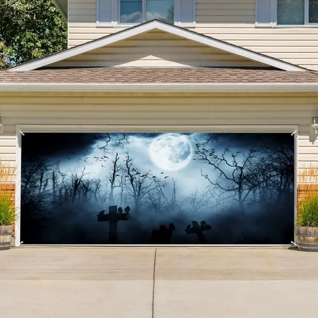 Alt view image 6 of 7 - Halloween Garage Door Decorations Banner Cover Skeleton Graveyard Wooden Spooky Night Garage Wall Decorations for Outdoor Holiday Party Indoor Outdoor Decor Banner Cover 13x6ft