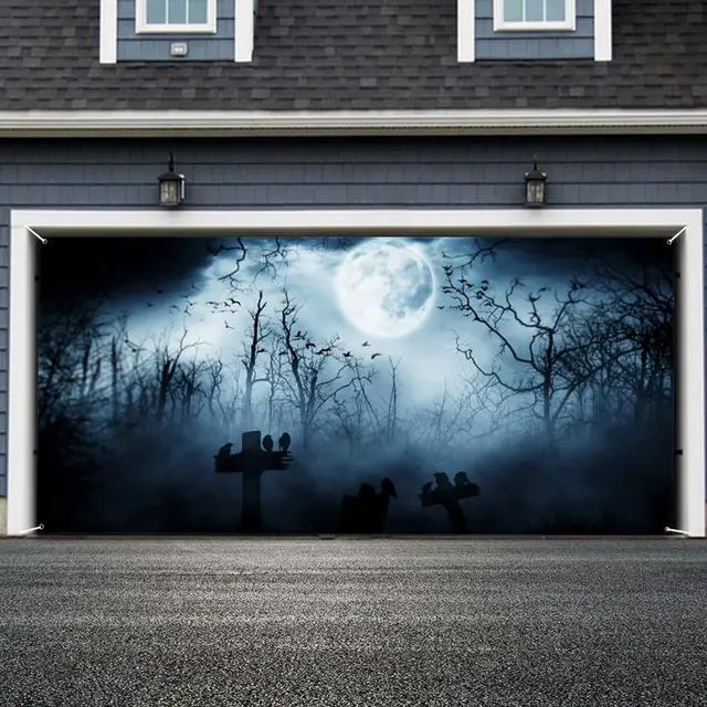Alt view image 3 of 7 - Halloween Garage Door Decorations Banner Cover Skeleton Graveyard Wooden Spooky Night Garage Wall Decorations for Outdoor Holiday Party Indoor Outdoor Decor Banner Cover 13x6ft