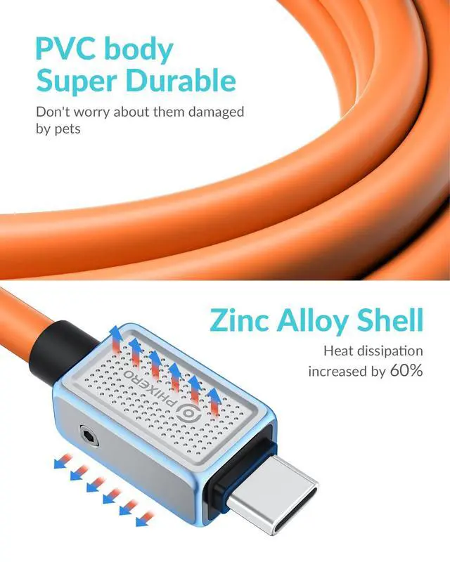 Alt view image 5 of 6 - 240W USB C to USB C Cable, Zine Alloy, 20Gbps, 6.6ft, Orange