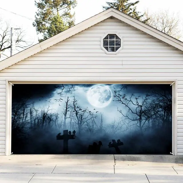 Alt view image 4 of 7 - Halloween Garage Door Decorations Banner Cover Skeleton Graveyard Wooden Spooky Night Garage Wall Decorations for Outdoor Holiday Party Indoor Outdoor Decor Banner Cover 13x6ft