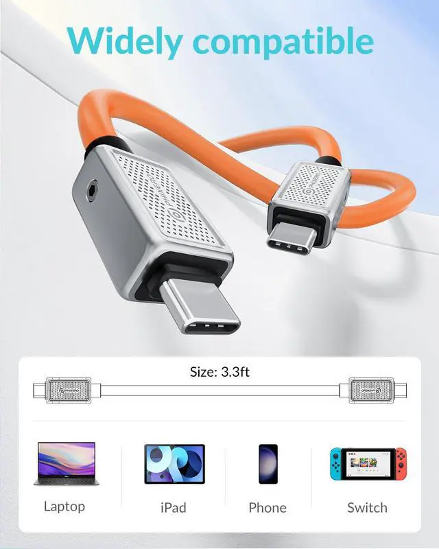 Alt view image 7 of 7 - 240W USB C to USB C Cable, Zine Alloy, 20Gbps, 3.3ft, Orange
