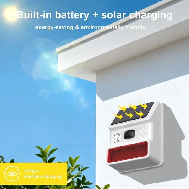Alt view image 3 of 5 - Solar Outdoor Wireless Motion Sensor Alarm,High-Decibel Siren with Sound and Strobe Light Motion SensorProtects Homes,Farms,Garages,Ranches & More,Deters Potential Threats,NO Remote or WiFi