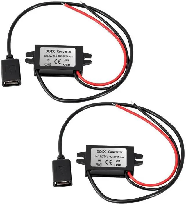 Main image of 2 Pack 12V to 5V Converter, USB Female Buck Module, 3A 15W | DC 12-24V Input, 5V 3A Output, 15cm Cable, USB Female Port, Protection Circuit