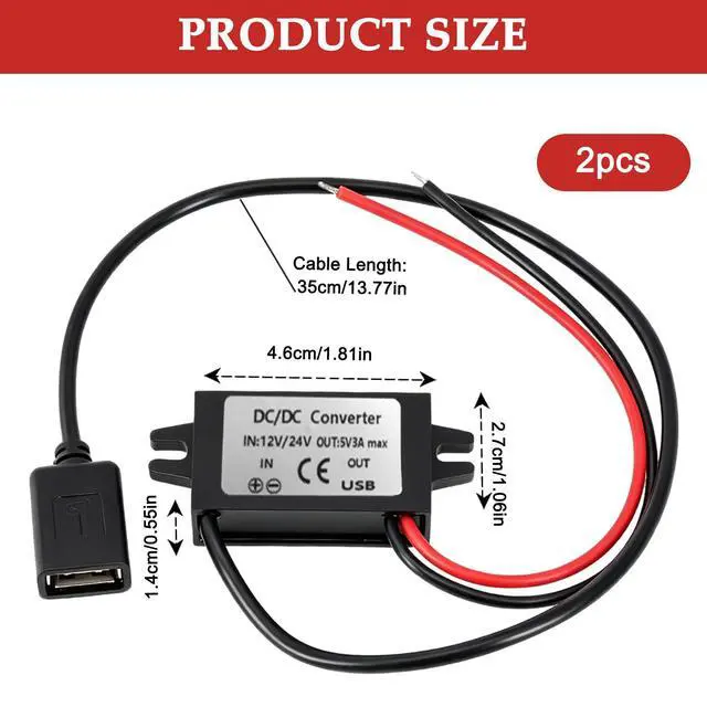 Alt view image 2 of 7 - 2 Pack 12V to 5V Converter, USB Female Buck Module, 3A 15W | DC 12-24V Input, 5V 3A Output, 15cm Cable, USB Female Port, Protection Circuit