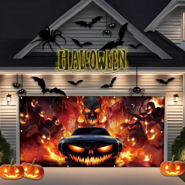Main image of Halloween Garage Door Banner - 7x16 ft Skull Large Hanging Backdrop Halloween Garage Door Cover Wall Decorations for Outdoor Indoor, Holiday Party, Home, Yard, and Window Decoration