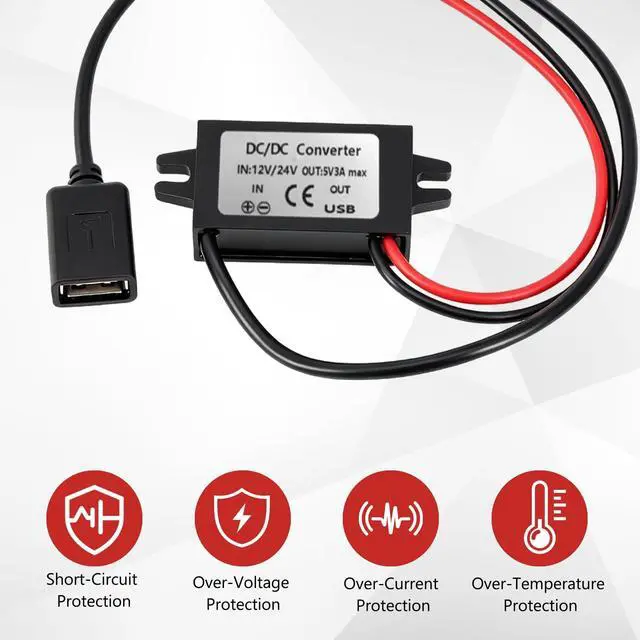 Alt view image 4 of 7 - 2 Pack 12V to 5V Converter, USB Female Buck Module, 3A 15W | DC 12-24V Input, 5V 3A Output, 15cm Cable, USB Female Port, Protection Circuit