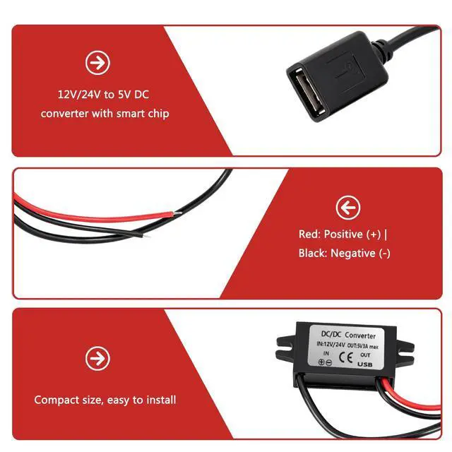 Alt view image 3 of 7 - 2 Pack 12V to 5V Converter, USB Female Buck Module, 3A 15W | DC 12-24V Input, 5V 3A Output, 15cm Cable, USB Female Port, Protection Circuit