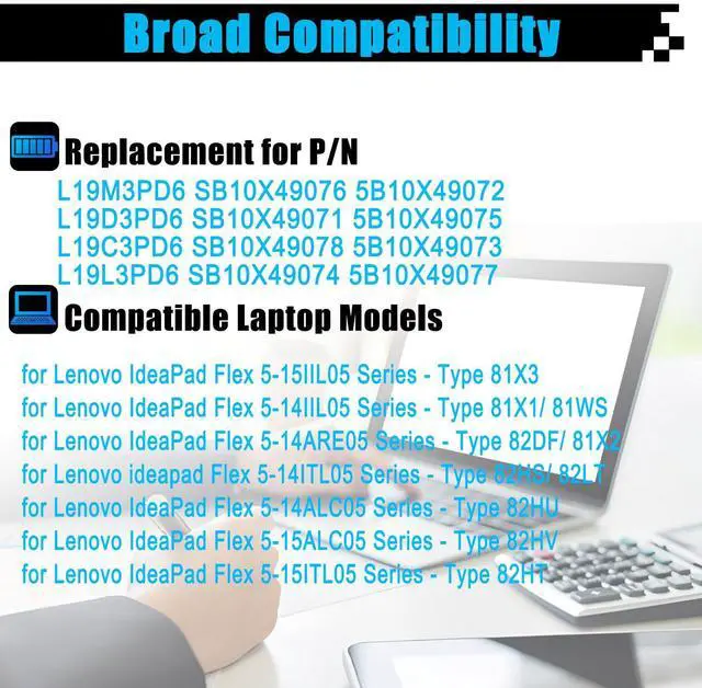 Alt view image 3 of 7 - L19M3PD6 SB10X49076 Laptop Battery Replacement for Lenovo Flex 5-15IIL05 5-14IIL05 5-14ARE05 82DF 81X2 Series Notebook L19C3PD6 SB10X49078 L19L3PD6 SB10X49074 L19D3PD6 SB10X49071 11.52V 52.5Wh 4585mAh