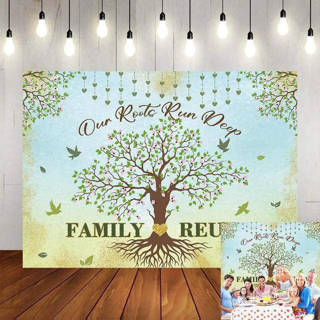 Main image of Family Reunion Backdrop Family Tree Leaves Banner Our Roots Run Deep Photography Background Family Members Gathering Party Decoration Supplies Photo Booth Props (8x6FT)