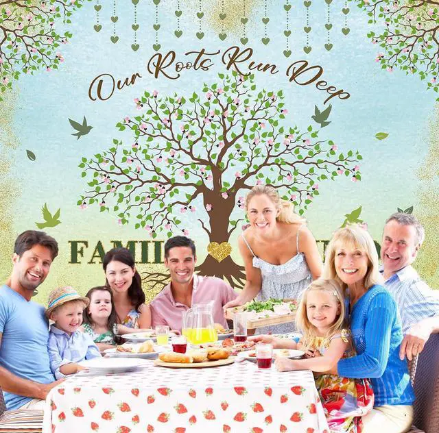 Alt view image 3 of 7 - Family Reunion Backdrop Family Tree Leaves Banner Our Roots Run Deep Photography Background Family Members Gathering Party Decoration Supplies Photo Booth Props (8x6FT)