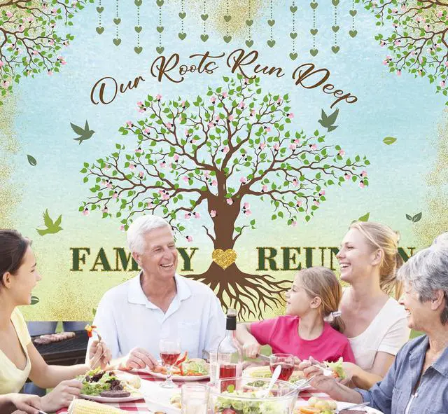 Alt view image 5 of 7 - Family Reunion Backdrop Family Tree Leaves Banner Our Roots Run Deep Photography Background Family Members Gathering Party Decoration Supplies Photo Booth Props (8x6FT)
