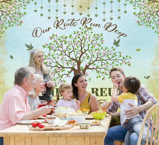 Alt view image 6 of 7 - Family Reunion Backdrop Family Tree Leaves Banner Our Roots Run Deep Photography Background Family Members Gathering Party Decoration Supplies Photo Booth Props (8x6FT)