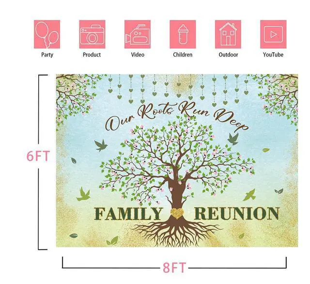 Alt view image 7 of 7 - Family Reunion Backdrop Family Tree Leaves Banner Our Roots Run Deep Photography Background Family Members Gathering Party Decoration Supplies Photo Booth Props (8x6FT)