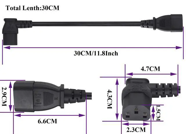 Alt view image 2 of 7 - 2-Pack 90 Degree IEC 320 C13 to C14 Extension Power Cord 10A/250V Standard Computer AC Power Socket Cord for Desktop Computers HDTV Monitor Speakers,Etc(C14 to C13/90 Degree-0.3M)
