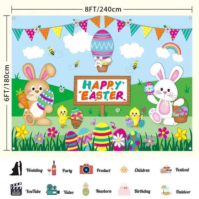 Alt view image 3 of 7 - 8x6ft Happy Easter Backdrop Banner Colorful Eggs Bunny Birthday Photography Background for Kids Spring Easter Party Decorations Large Fabric Photo Booth Supplies Indoor Outdoor