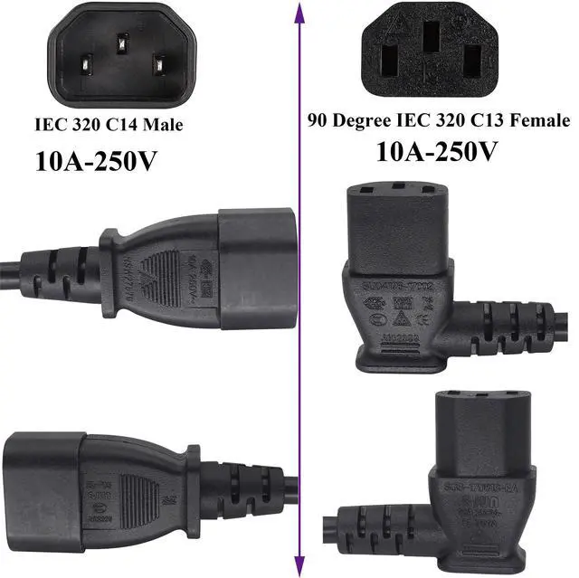 Alt view image 3 of 7 - 2-Pack 90 Degree IEC 320 C13 to C14 Extension Power Cord 10A/250V Standard Computer AC Power Socket Cord for Desktop Computers HDTV Monitor Speakers,Etc(C14 to C13/90 Degree-0.3M)