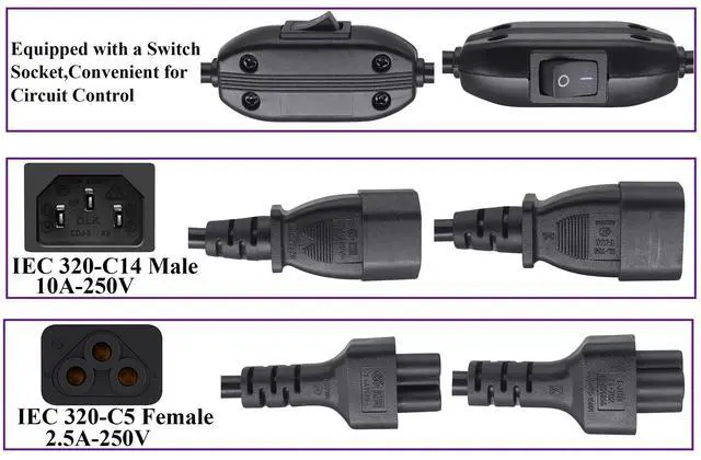 Alt view image 3 of 7 - 2 Pack C14 to C5 AC Cable,10A 125V IEC 3Pole C14 Male to Mickey Mouse 3Pole Female Power Adapter with on/Off Switch Power Cord for Mickey Mouse Laptop Receptacle Converter.(C14/C5-0.3M)