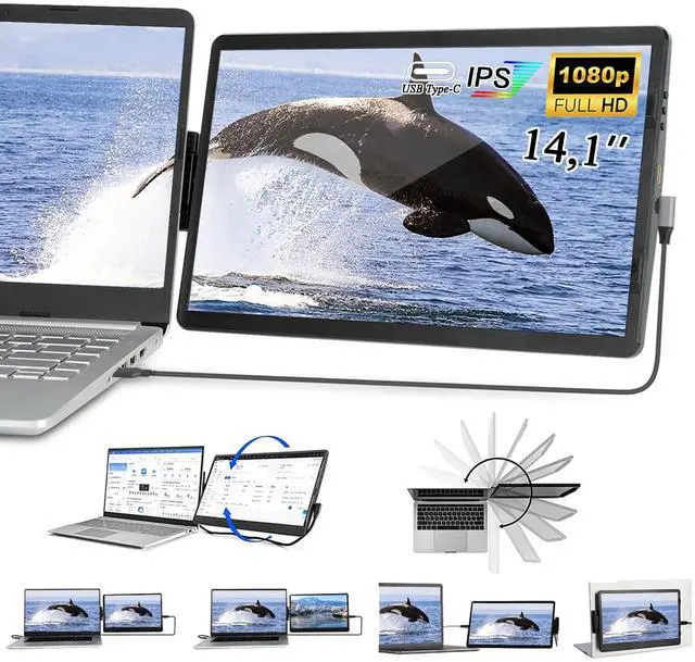 Main image of 14.1'' Laptop Screen Extender, FHD IPS Portable Monitor, 360° Rotatable Dual Monitor for Laptop, Extender Connected with Type-c/hdmi, Support PC/Mobile Phone, Black
