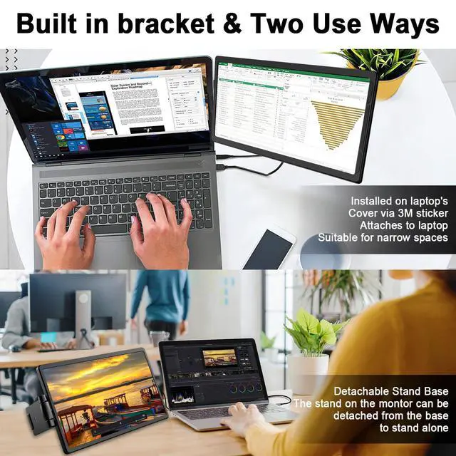 Alt view image 3 of 6 - 14.1'' Laptop Screen Extender, FHD IPS Portable Monitor, 360° Rotatable Dual Monitor for Laptop, Extender Connected with Type-c/hdmi, Support PC/Mobile Phone, Black