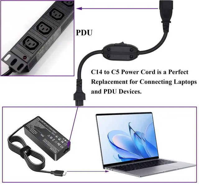 Alt view image 7 of 7 - 2 Pack C14 to C5 AC Cable,10A 125V IEC 3Pole C14 Male to Mickey Mouse 3Pole Female Power Adapter with on/Off Switch Power Cord for Mickey Mouse Laptop Receptacle Converter.(C14/C5-0.3M)