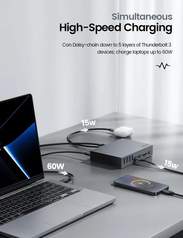 Alt view image 5 of 7 - Thunderbolt 3 Docking Station 8K Display for Windows and Mac | 15-in-1 40Gbps Laptop Dock with Dual Thunderbolt 3 Ports, 60W PD, 7 USB Ports, Gigabit Ethernet, SD/TF, S/PDIF, Audio