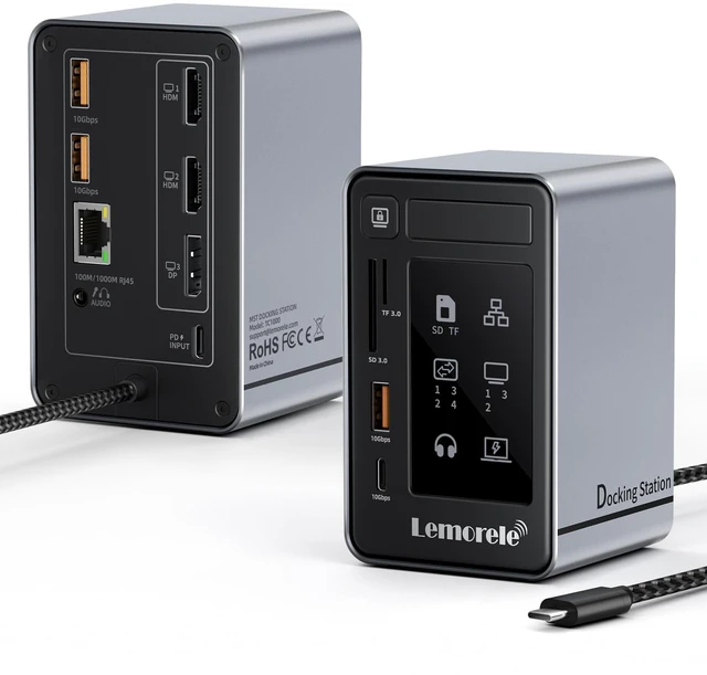 Main image of Aluminum USB C Docking Station 2HDMI DP 4K 100W Gigabit LAN Hub USB3.2 10Gbps 3USB-A+USB-C Ports, SD/MicroSD reader, 3.5mm jack, LED indicator, touch screen-off key, multi-system compatible