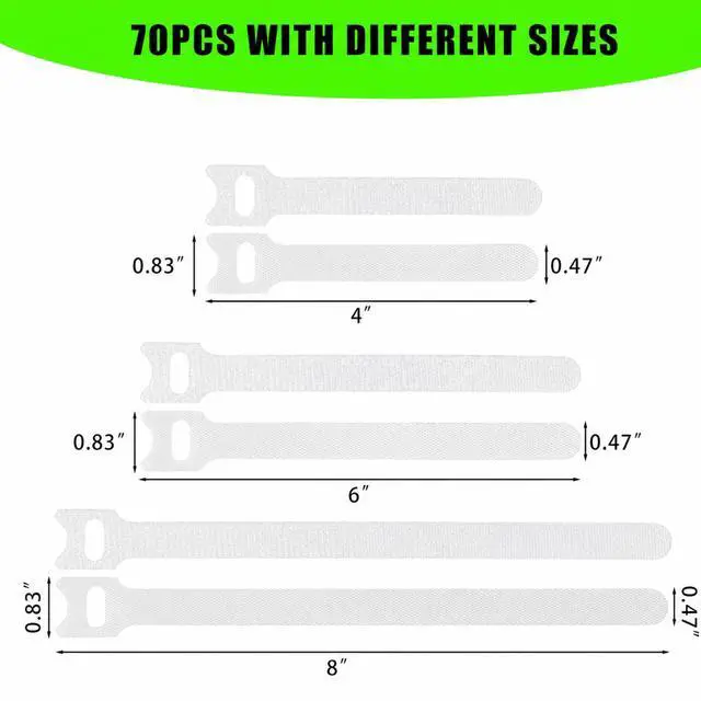 Alt view image 2 of 6 - 70 Pack Reusable Cable Ties, Multi-Size 4/6/8 Inch Hook and Loop Cord Ties, T-Type Microfiber Wire Manager for Electronics, Computer, PC, TV, Home and Office Organization (White)
