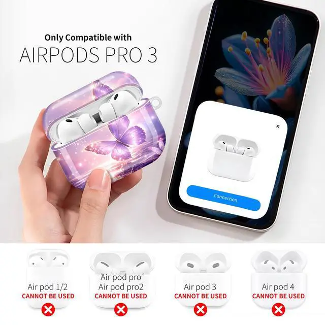 Alt view image 2 of 7 - Compatible with AirPod Pro 3rd Gen(2025) Case,Protective Case for AirPod Pro 3rd Gen, Shockproof with Carabiner, Wireless Charging Compatible for Women Men(Purple Butterfly in Sky)