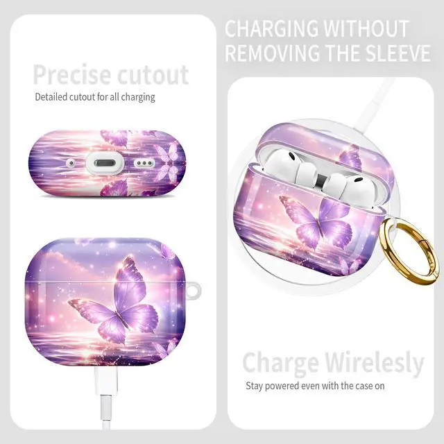Alt view image 3 of 7 - Compatible with AirPod Pro 3rd Gen(2025) Case,Protective Case for AirPod Pro 3rd Gen, Shockproof with Carabiner, Wireless Charging Compatible for Women Men(Purple Butterfly in Sky)
