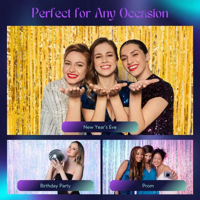 Alt view image 4 of 6 - 3.3 X 8 FT Foil Fringe Backdrop Curtains Party Supplies for Wedding Decor, Photo Booth, Streamers Party Decorations High Shine Ultra-Sparkly Back Drop Prom Decorations (Gold)