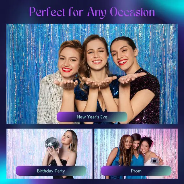 Alt view image 4 of 6 - 3.3 X 8 FT Foil Fringe Backdrop Curtains Party Supplies for Wedding Decor, Photo Booth, Streamers Party Decorations High Shine Ultra-Sparkly Back Drop Prom Decorations (Blue)