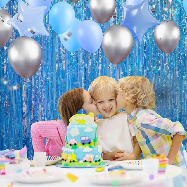 Alt view image 6 of 6 - 3.3 X 8 FT Foil Fringe Backdrop Curtains Party Supplies for Wedding Decor, Photo Booth, Streamers Party Decorations High Shine Ultra-Sparkly Back Drop Prom Decorations (Blue)