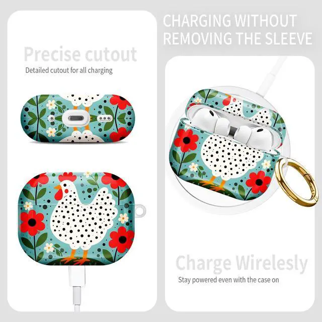 Alt view image 3 of 7 - Compatible with AirPod Pro 3rd Gen(2025) Case,Protective Case for AirPod Pro 3rd Gen, Shockproof with Carabiner, Wireless Charging Compatible for Women Men(Chicken with Red Flowers)