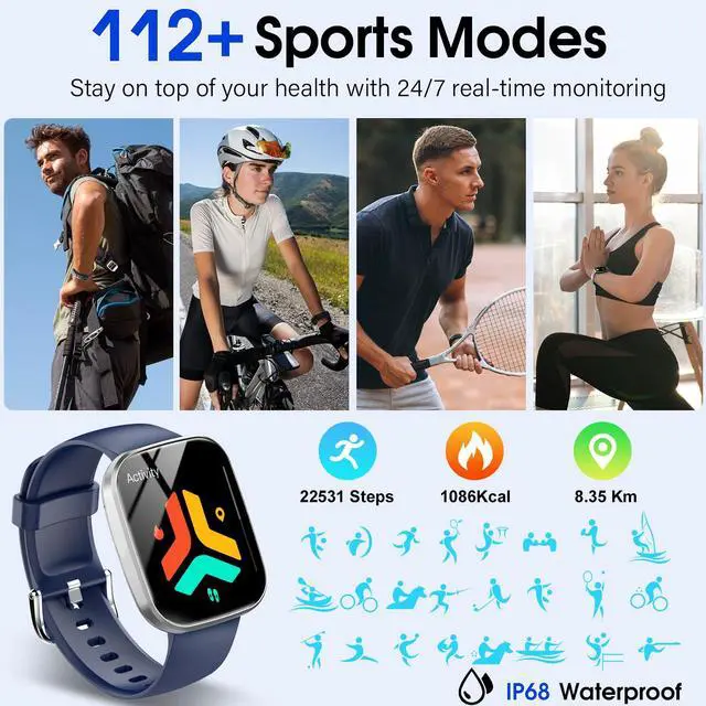 Alt view image 3 of 5 - 1.91" HD Screen Smartwatch Heart Rate/Sleep/Steps Monitor, 100+ Sports Fitness Watch, IP68 Waterproof Activity Trackers for Android iOS Blue