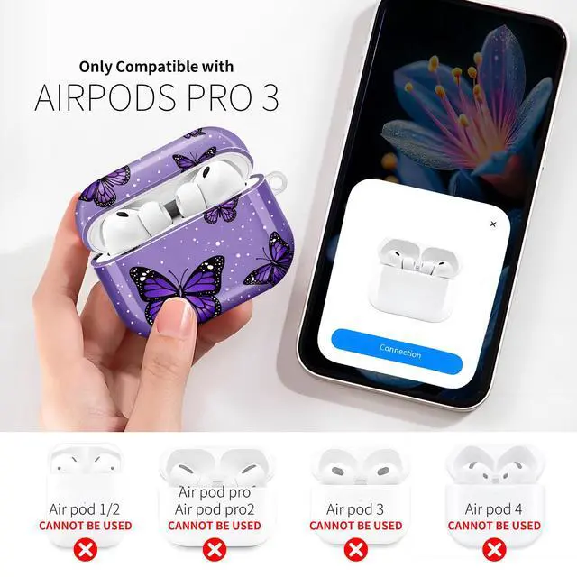 Alt view image 2 of 7 - Compatible with AirPod Pro 3rd Gen(2025) Case,Protective Case for AirPod Pro 3rd Gen, Shockproof with Carabiner, Wireless Charging Compatible for Women Men(Purple Butterflies)