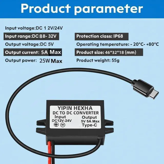 Alt view image 3 of 7 - DC 12V/24V to 5V USB C 5A 25W Step Down Converter Type-C Interface Buck Module Waterproof Power Adapter e (2-Pack)