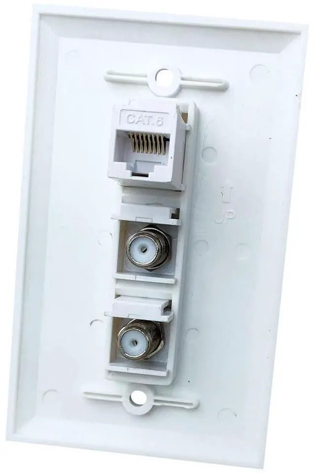 Main image of Single Gang 2 Coax 1 CAT6 Ethernet Wall Plate - Dual Coaxial Cable TV and 1 Cat 6 RJ45 Keystone Jack Faceplate - White
