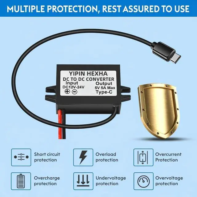 Alt view image 5 of 7 - DC 12V/24V to 5V USB C 5A 25W Step Down Converter Type-C Interface Buck Module Waterproof Power Adapter e (2-Pack)