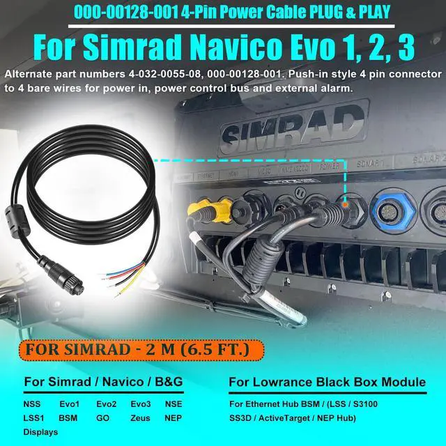 Alt view image 2 of 6 - 000-00128-001 4-Pin Power Cable for Simrad Navico B&G NSS, Evo1, 2, 3, NSE, LSS1, BSM, GO, Zeus, NEP Displays - 2 m (6.5 ft.) - 032-0055-08, 4 Bare Wires for Power in, Control Bus and External Alarm