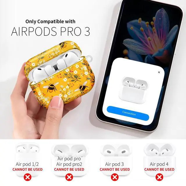 Alt view image 2 of 7 - Compatible with AirPod Pro 3rd Gen(2025) Case,Protective Case for AirPod Pro 3rd Gen, Shockproof with Carabiner, Wireless Charging Compatible for Women Men(Bees and Flowers)