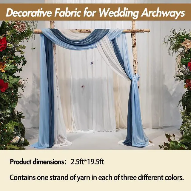 Alt view image 3 of 7 - 2.5x19.5 ft Wedding Arch Draping Fabric, 3 Panels Draping Fabric Arbor Drapery for Party Bridal Ceremony Backdrop Wedding Stage Reception Decorations, Dark, Light Blue & White