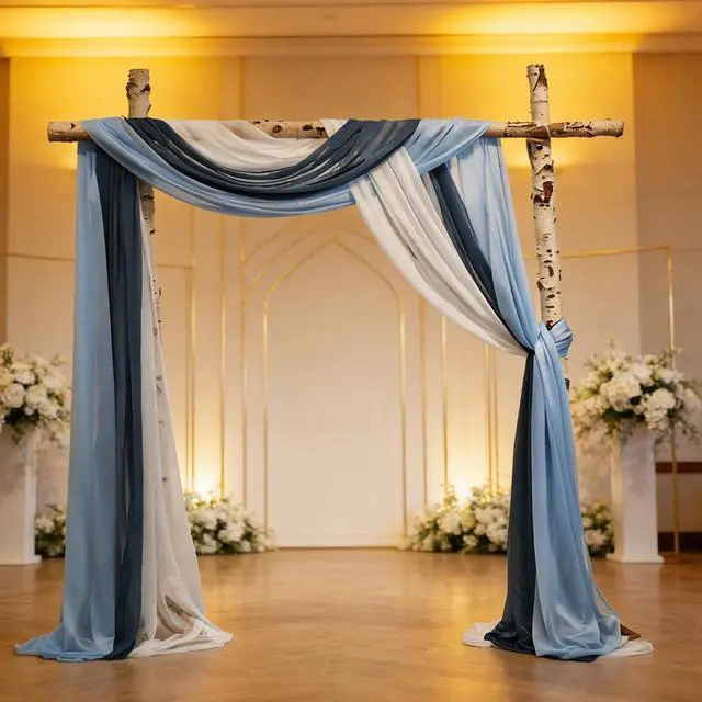 Alt view image 6 of 7 - 2.5x19.5 ft Wedding Arch Draping Fabric, 3 Panels Draping Fabric Arbor Drapery for Party Bridal Ceremony Backdrop Wedding Stage Reception Decorations, Dark, Light Blue & White