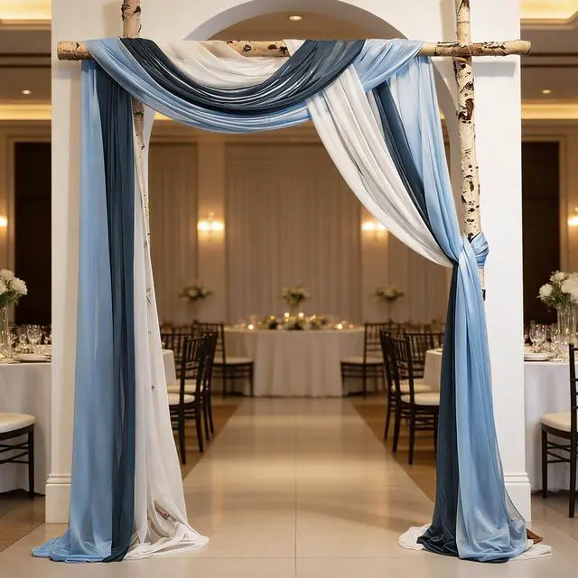 Alt view image 5 of 7 - 2.5x19.5 ft Wedding Arch Draping Fabric, 3 Panels Draping Fabric Arbor Drapery for Party Bridal Ceremony Backdrop Wedding Stage Reception Decorations, Dark, Light Blue & White