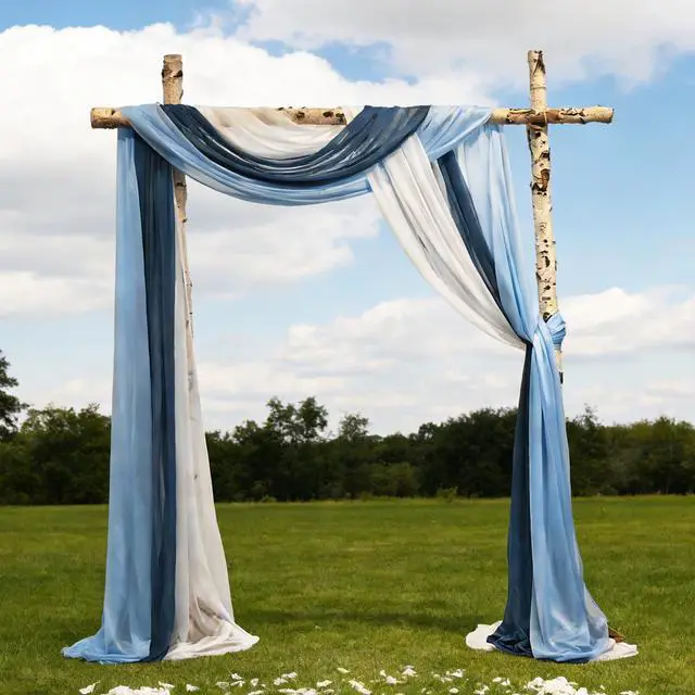 Alt view image 7 of 7 - 2.5x19.5 ft Wedding Arch Draping Fabric, 3 Panels Draping Fabric Arbor Drapery for Party Bridal Ceremony Backdrop Wedding Stage Reception Decorations, Dark, Light Blue & White