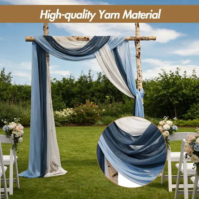 Alt view image 2 of 7 - 2.5x19.5 ft Wedding Arch Draping Fabric, 3 Panels Draping Fabric Arbor Drapery for Party Bridal Ceremony Backdrop Wedding Stage Reception Decorations, Dark, Light Blue & White