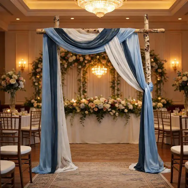 Alt view image 4 of 7 - 2.5x19.5 ft Wedding Arch Draping Fabric, 3 Panels Draping Fabric Arbor Drapery for Party Bridal Ceremony Backdrop Wedding Stage Reception Decorations, Dark, Light Blue & White