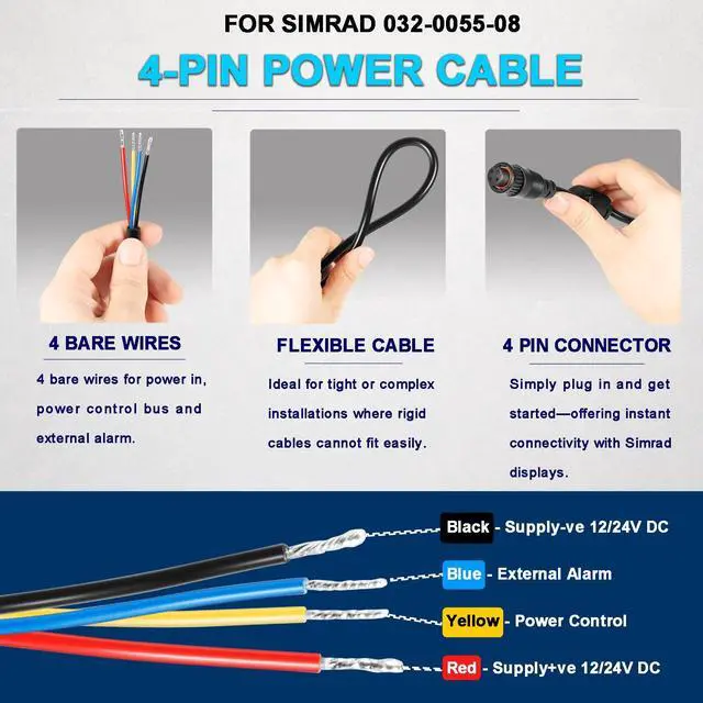 Alt view image 3 of 6 - 000-00128-001 4-Pin Power Cable for Simrad Navico B&G NSS, Evo1, 2, 3, NSE, LSS1, BSM, GO, Zeus, NEP Displays - 2 m (6.5 ft.) - 032-0055-08, 4 Bare Wires for Power in, Control Bus and External Alarm