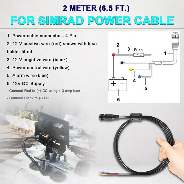 Alt view image 5 of 6 - 000-00128-001 4-Pin Power Cable for Simrad Navico B&G NSS, Evo1, 2, 3, NSE, LSS1, BSM, GO, Zeus, NEP Displays - 2 m (6.5 ft.) - 032-0055-08, 4 Bare Wires for Power in, Control Bus and External Alarm