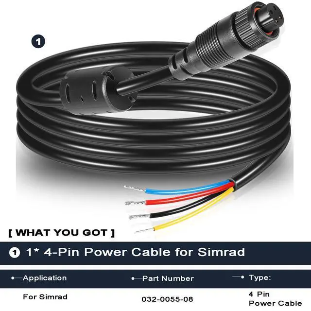 Alt view image 6 of 6 - 000-00128-001 4-Pin Power Cable for Simrad Navico B&G NSS, Evo1, 2, 3, NSE, LSS1, BSM, GO, Zeus, NEP Displays - 2 m (6.5 ft.) - 032-0055-08, 4 Bare Wires for Power in, Control Bus and External Alarm