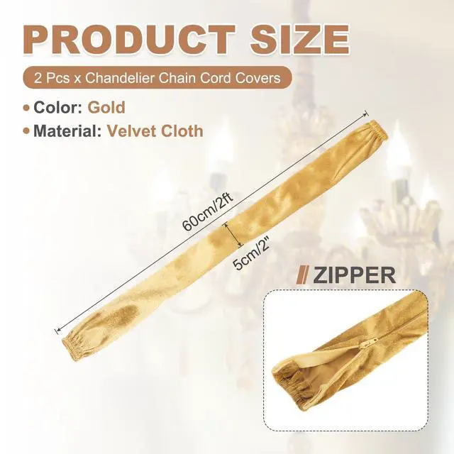 Alt view image 2 of 7 - 2ft Chandelier Chain Cord Cover, 2 Pcs Velvet Cloth Fabric Chain Sleeve Decorative Cord Covers for Chandelier Wires Swing Cable, Zipper Style, Gold
